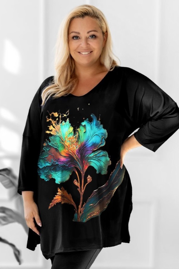 Tunika plus size dekolt V oversize wzór duży turkusowy kwiat 3/4 rękaw Weenie 2