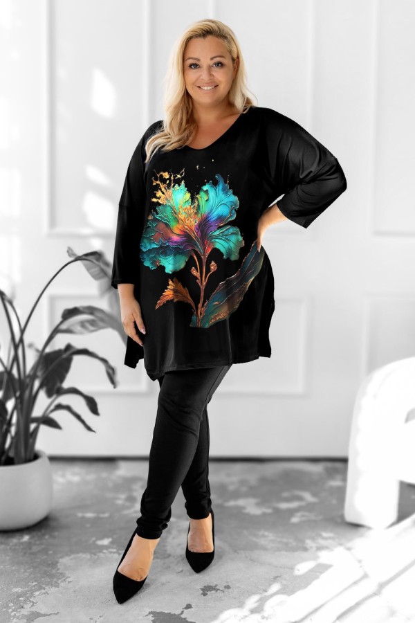 Tunika plus size dekolt V oversize wzór duży turkusowy kwiat 3/4 rękaw Weenie 1