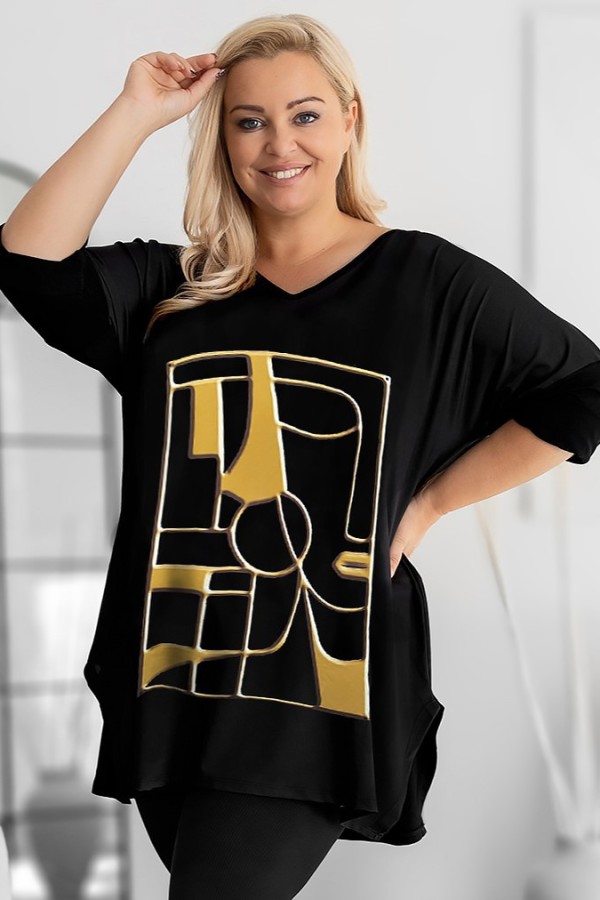 Tunika plus size dekolt w serek V wzór złota abstrakcyjna twarz rękaw 3/4 Weenie 2