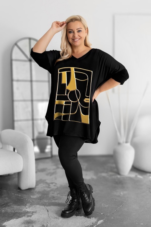 Tunika plus size dekolt w serek V wzór złota abstrakcyjna twarz rękaw 3/4 Weenie 1