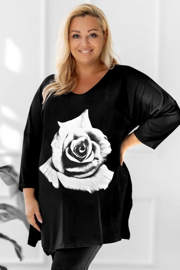 Tunika damska plus size dekolt V oversize duża biała róża 3/4 rękaw Weenie 2