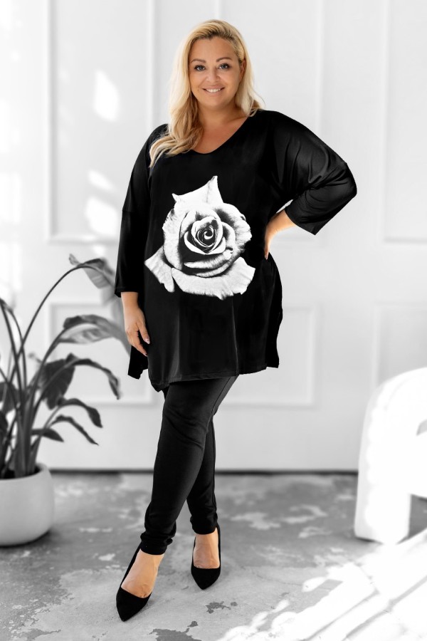 Tunika damska plus size dekolt V oversize duża biała róża 3/4 rękaw Weenie 1