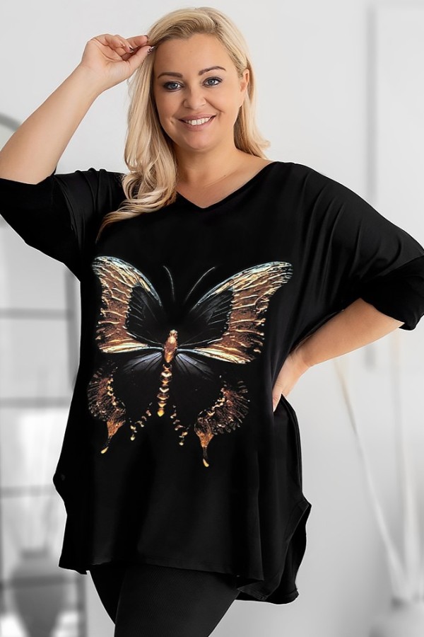 Tunika plus size dekolt w serek V wzór duży pozłacany motyl rękaw 3/4 Weenie 2