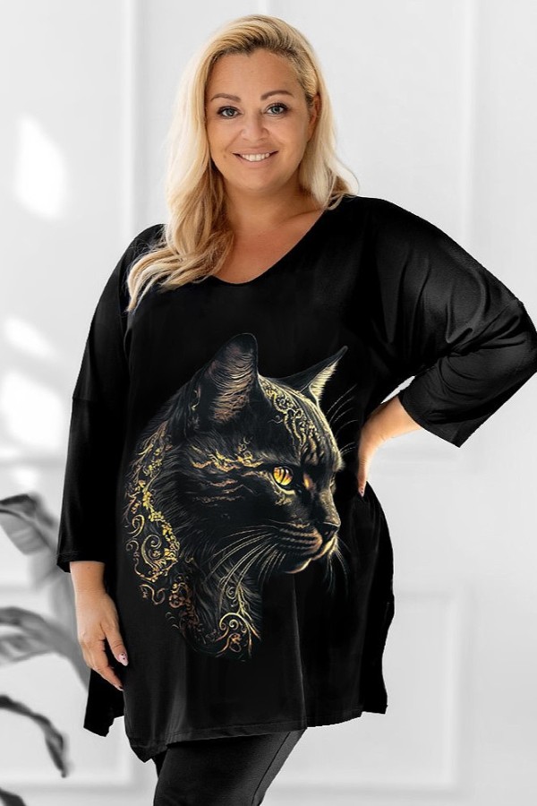 Tunika plus size dekolt w serek V wzór magiczny kot rękaw 3/4 Weenie 2