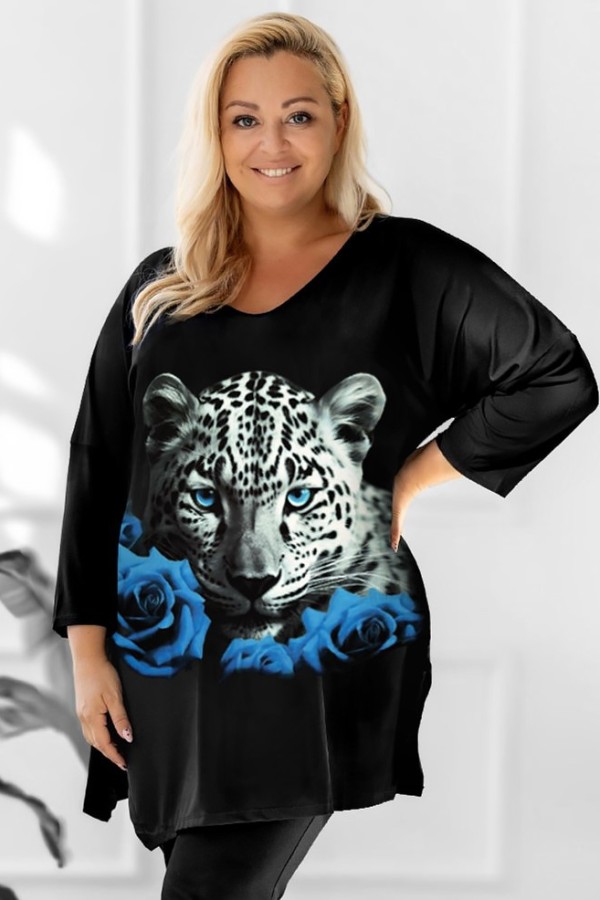 Tunika plus size dekolt w serek V wzór pantera niebieskie róże rękaw 3/4 Weenie 2