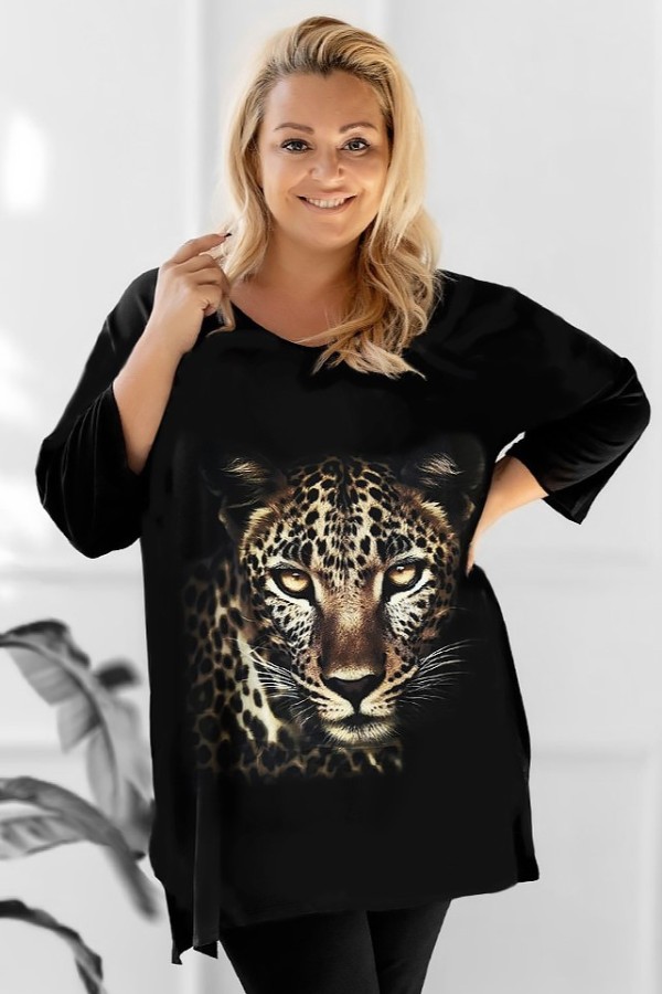 Tunika plus size dekolt w serek V wzór duża pantera rękaw 3/4 Weenie 2