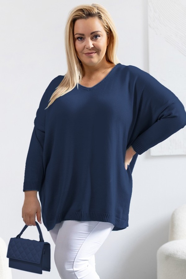 MEGA oversize sweter damski w kolorze granatowym dekolt V DAFNE