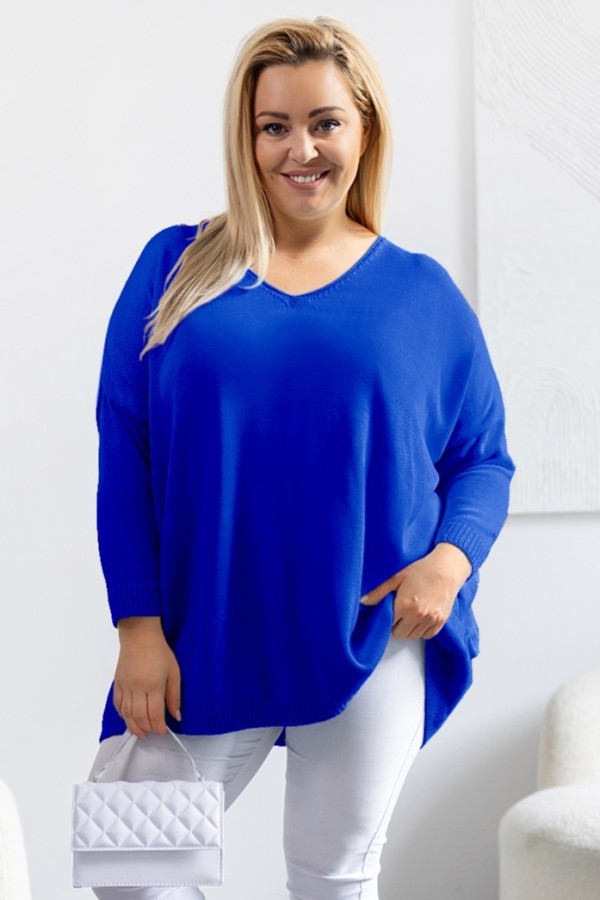 MEGA oversize sweter damski w kolorze kobaltowym dekolt V DAFNE