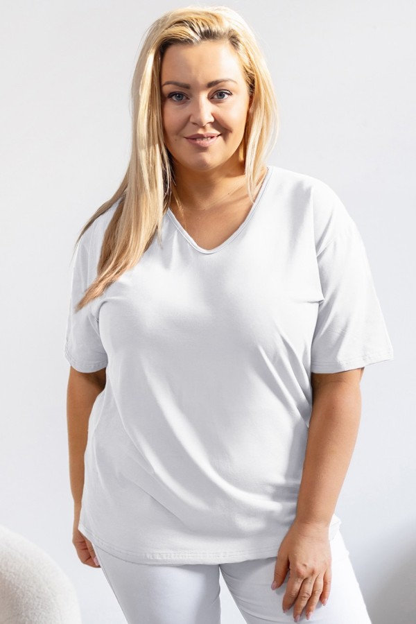 T-shirt damski plus size gładki w kolorze białym dekolt w serek V-neck POLA 2