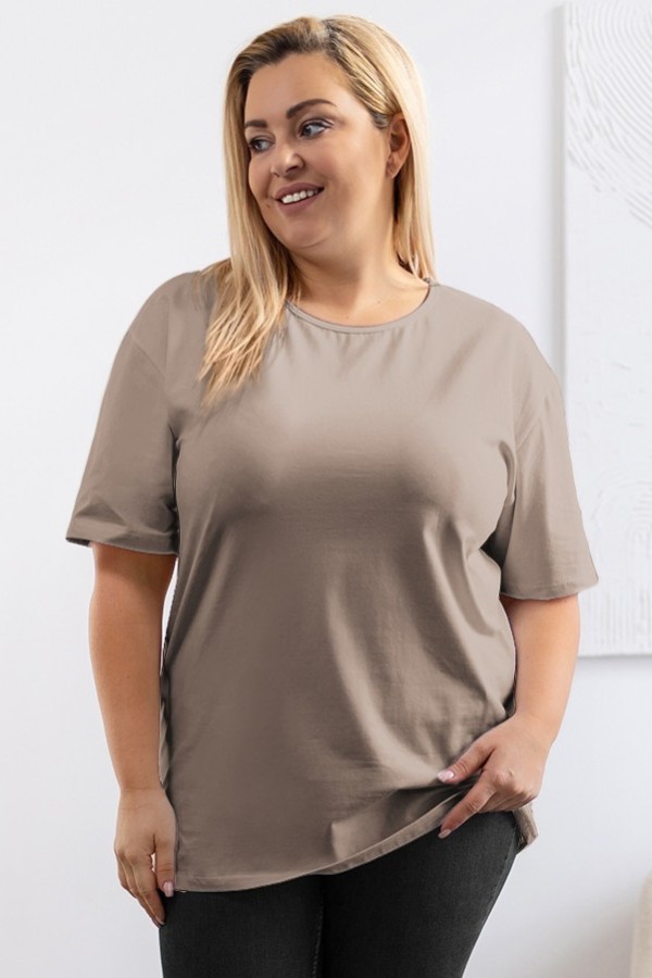 T-shirt damski plus size gładki w kolorze beż fango okrągły dekolt ELIZA