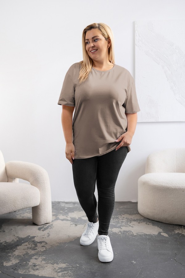 T-shirt damski plus size gładki w kolorze beż fango okrągły dekolt ELIZA 1