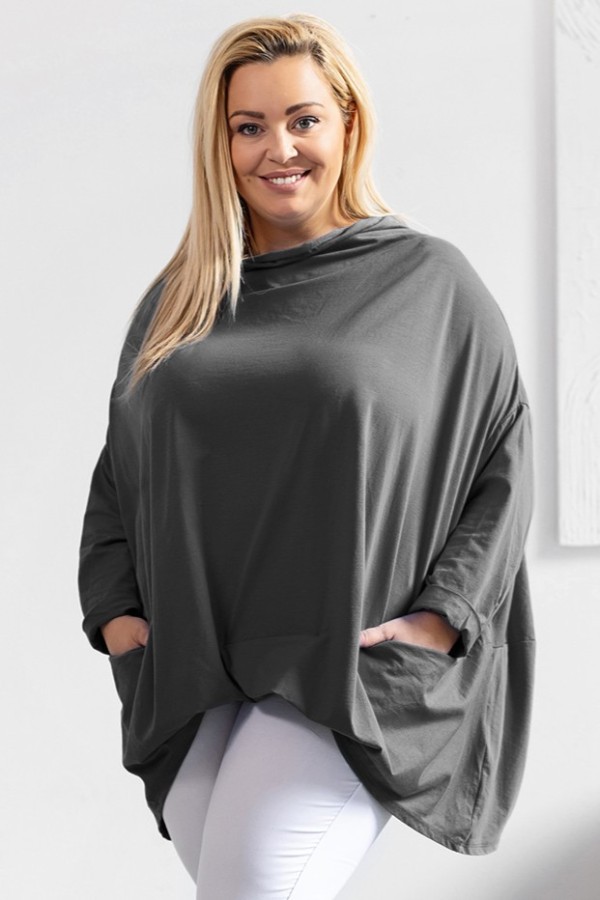 Mega oversize bluzka plus size w kolorze grafitowym zakładka dekolt woda kieszenie Crystal 2