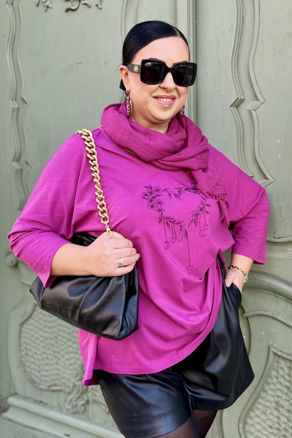 Tunika plus size w kolorze magenta oversize dekolt V kwiatowe serce motyl ARES