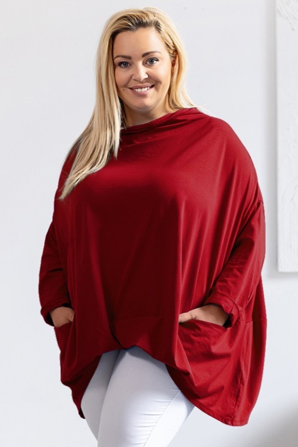 Mega oversize bluzka plus size w kolorze burgundowym zakładka dekolt woda kieszenie Crystal