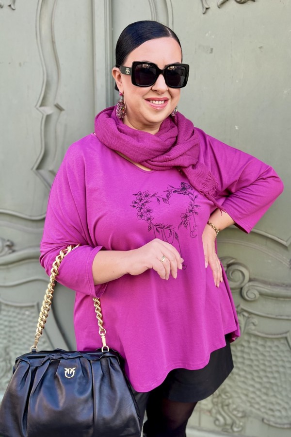 Tunika plus size w kolorze magenta oversize dekolt V kwiatowe serce motyl ARES 2