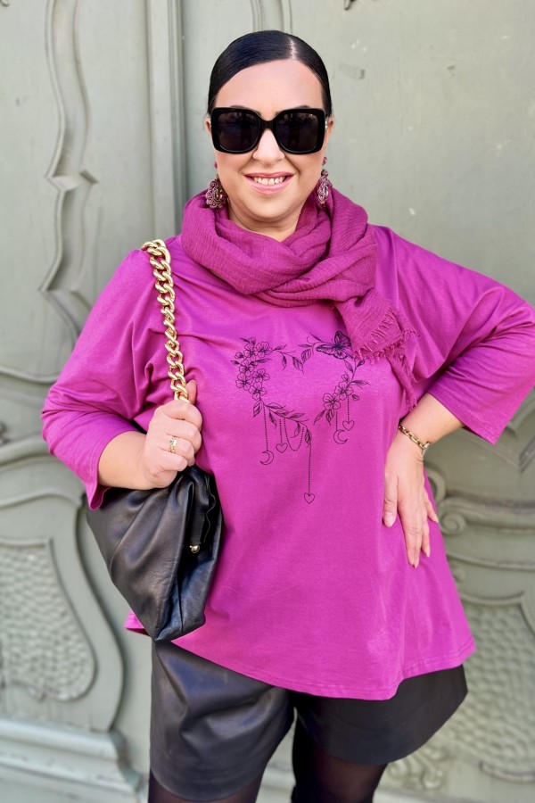 Tunika plus size w kolorze magenta oversize dekolt V kwiatowe serce motyl ARES 4