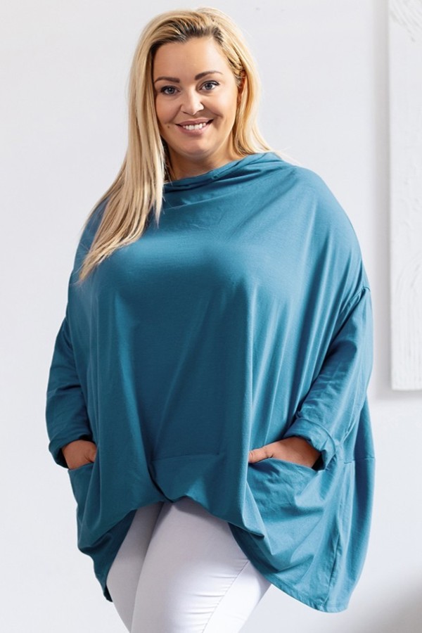 Mega oversize bluzka plus size w kolorze morskim zakładka dekolt woda kieszenie Crystal