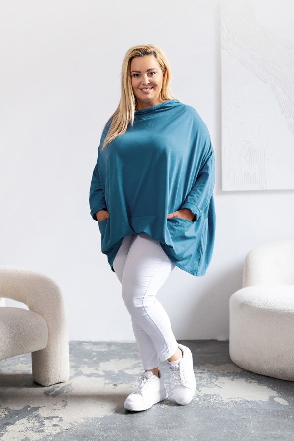 Mega oversize bluzka plus size w kolorze morskim zakładka dekolt woda kieszenie Crystal 1
