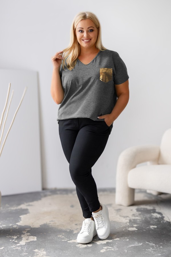 T-shirt damski plus size w kolorze grafitowego melanżu złoty nadruk kieszeń pocket ROMEO 1
