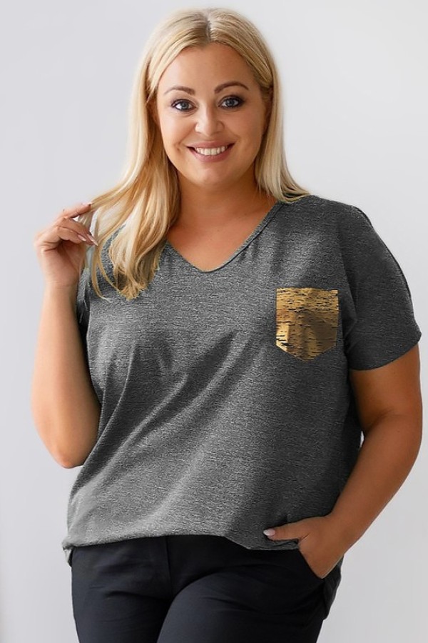 T-shirt damski plus size w kolorze grafitowego melanżu złoty nadruk kieszeń pocket ROMEO