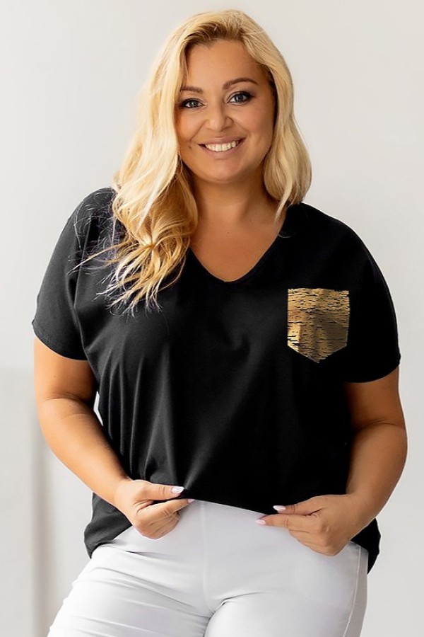 T-shirt damski plus size w kolorze czarnym złoty nadruk kieszeń pocket ROMEO