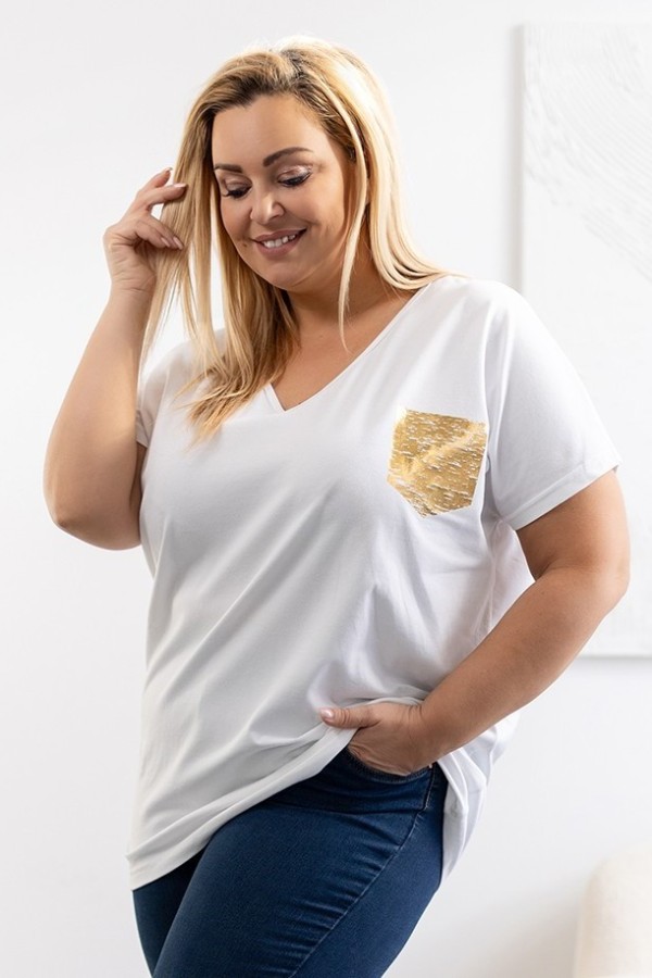 T-shirt damski plus size w kolorze białym złoty nadruk kieszeń pocket ROMEO