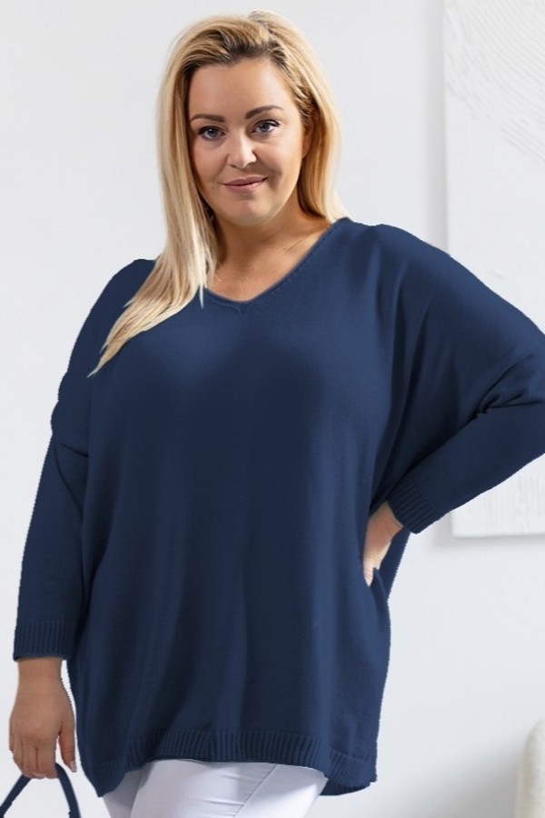 MEGA oversize sweter damski w kolorze granatowym dekolt V DAFNE