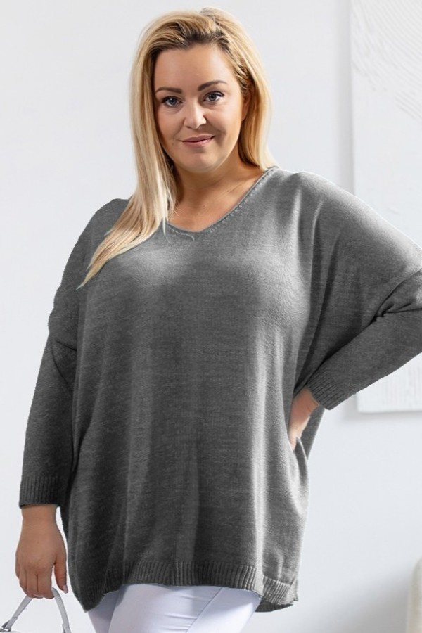 MEGA oversize sweter damski w kolorze grafitowym dekolt V DAFNE