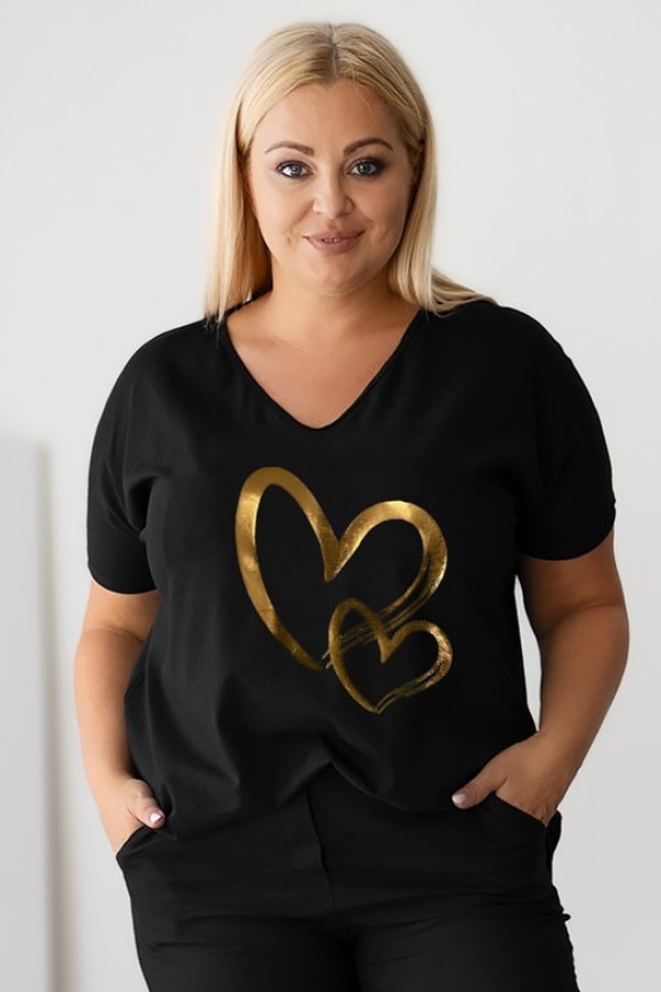 T-shirt damski plus size w kolorze czarnym dekolt w serek złoty nadruk serca JUVI