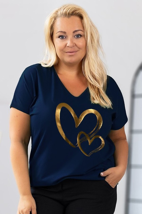 T-shirt damski plus size w kolorze granatowym dekolt w serek złoty nadruk serca JUVI