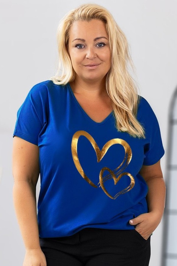 T-shirt damski plus size w kolorze kobaltowym dekolt w serek złoty nadruk serca JUVI