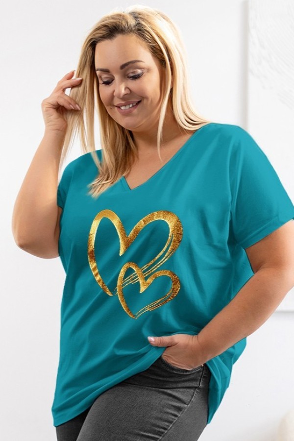 T-shirt damski plus size w kolorze morskim dekolt w serek złoty nadruk serca JUVI