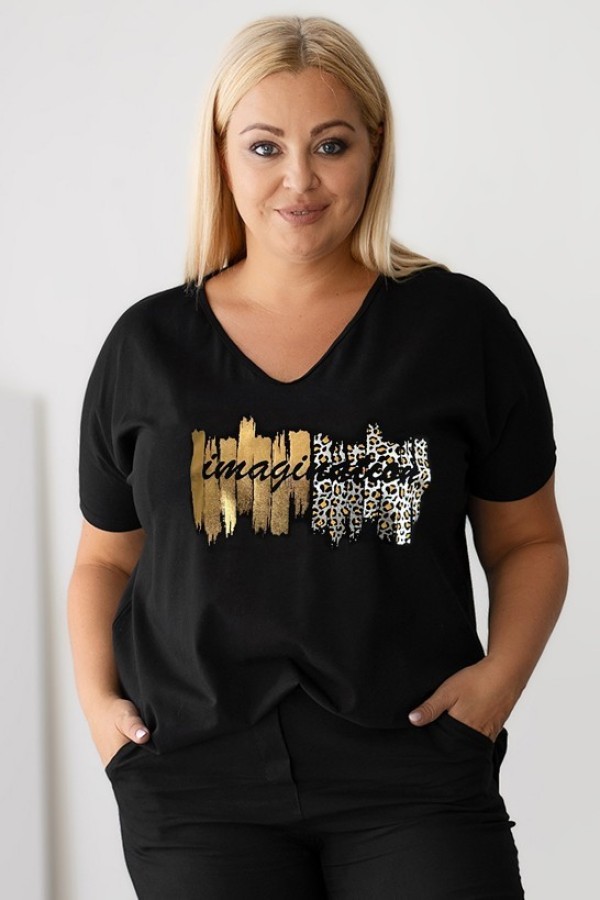 T-shirt damski plus size w kolorze czarnym dekolt w serek złoto srebrny nadruk BELEN