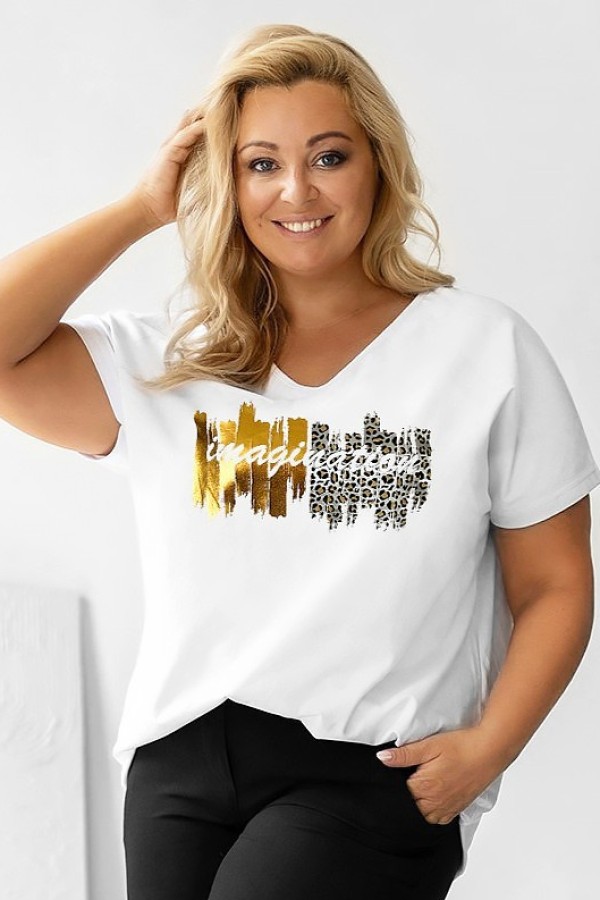 T-shirt damski plus size w kolorze białym dekolt w serek złoto srebrny nadruk BELEN