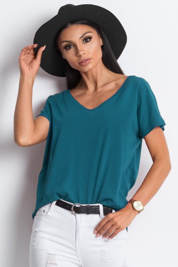 Bluzka damska w kolorze morskim T-shirt basic dekolt w serek v-neck luna