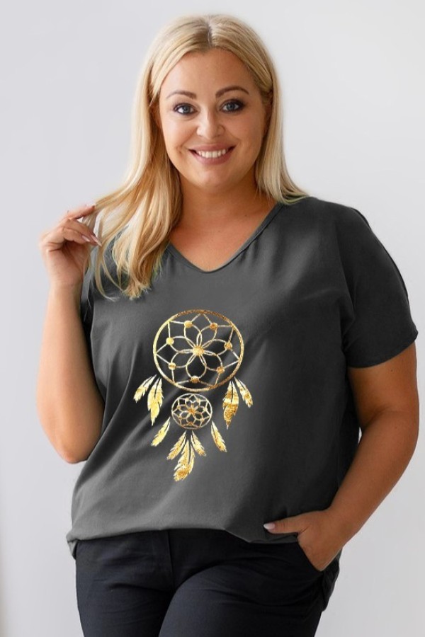 T-shirt damski plus size w kolorze grafitowym dekolt w serek V-neck złoty nadruk łapacz NERO