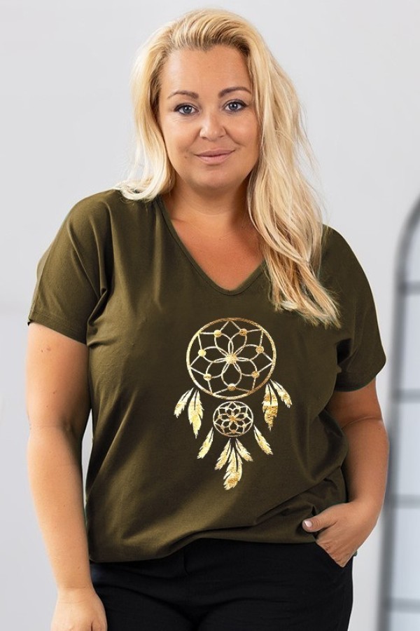 T-shirt damski plus size w kolorze khaki dekolt w serek V-neck złoty nadruk łapacz NERO