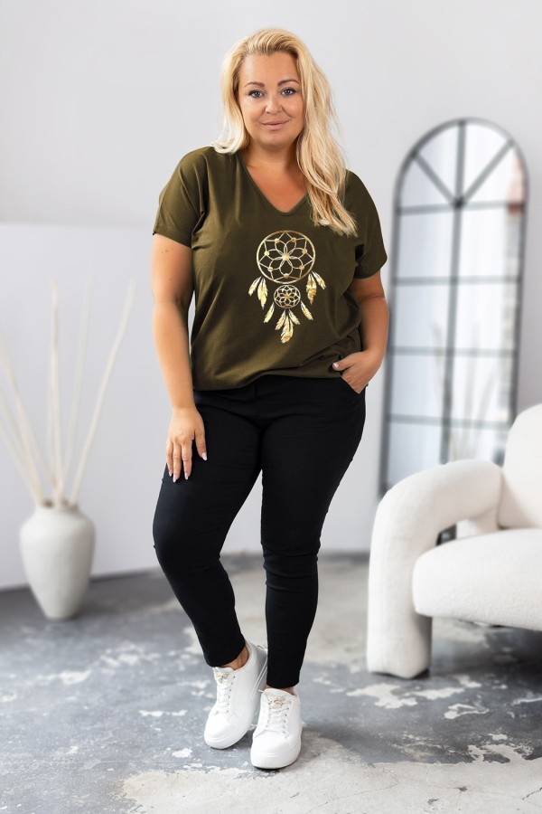 T-shirt damski plus size w kolorze khaki dekolt w serek V-neck złoty nadruk łapacz NERO 1