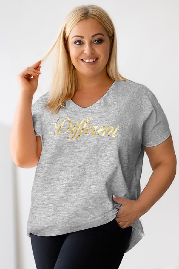 Bluzka damska T-shirt plus size w kolorze szary melanż złoty napis Different