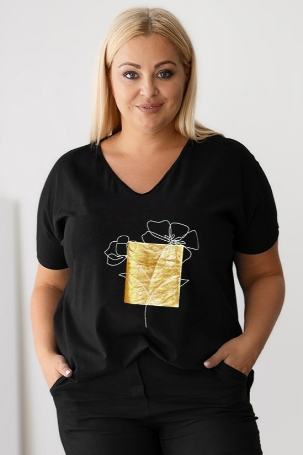 T-shirt damski plus size w kolorze czarnym dekolt w serek V-neck nadruk złoto kwiaty ARNI