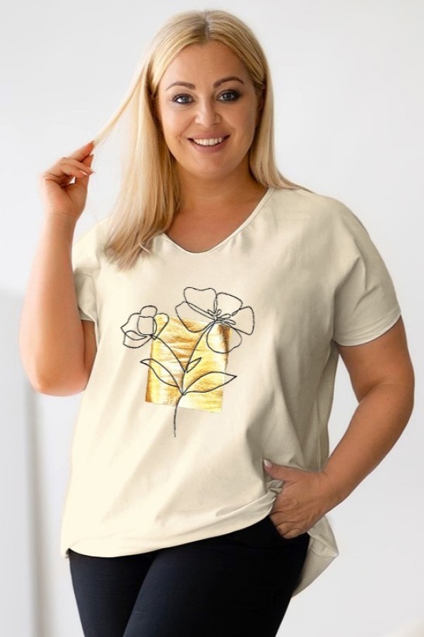 T-shirt damski plus size w kolorze beżowym dekolt w serek V-neck nadruk złoto kwiaty ARNI