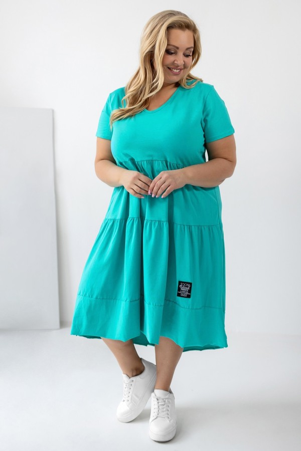 Sukienka plus size w kolorze tiffany mint krótki rękaw falbany V dekolt Samanta