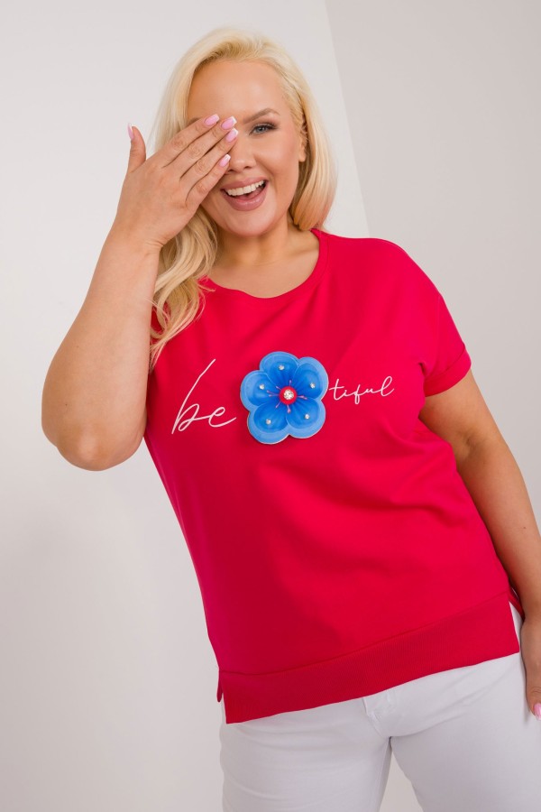 Bluzka damska plus size w kolorze malinowym aplikacja kwiatka 3d cyrkonie Larisa 1