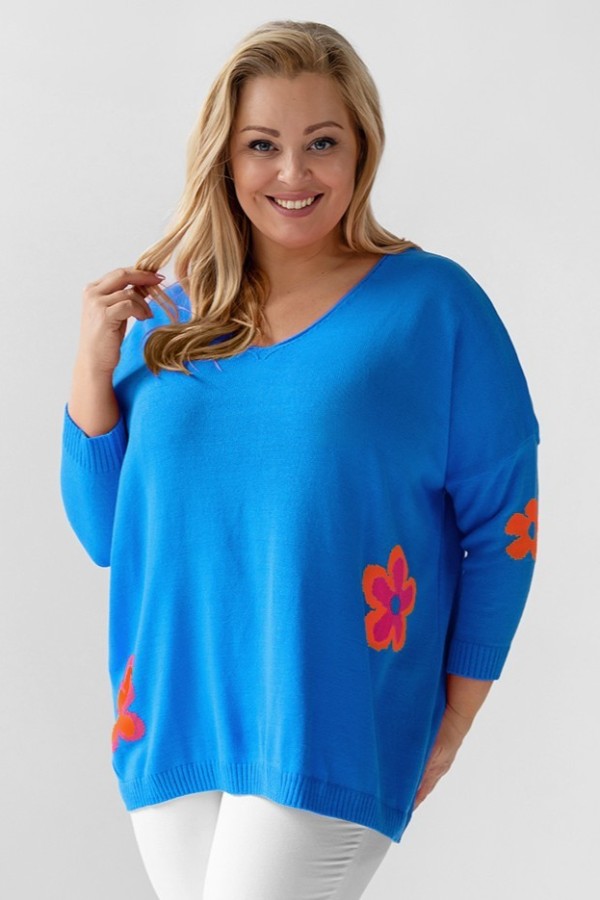 MEGA oversize sweter damski w kolorze lazurowym kwiaty dekolt V TRISTA