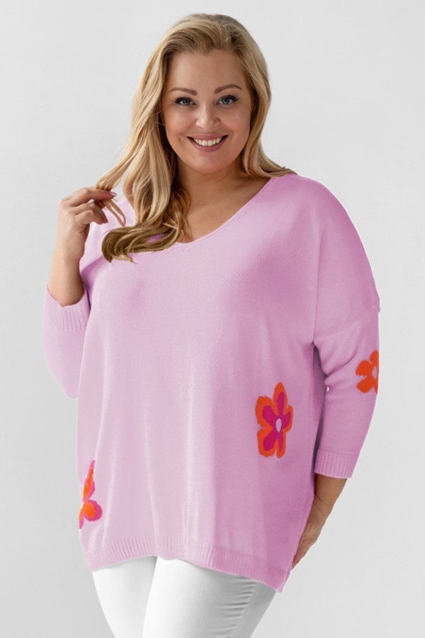 MEGA oversize sweter damski w kolorze lila fiolet kwiaty dekolt V TRISTA 2