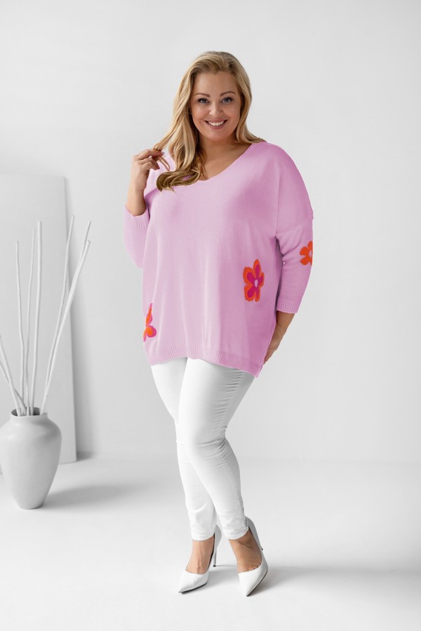 MEGA oversize sweter damski w kolorze lila fiolet kwiaty dekolt V TRISTA 1