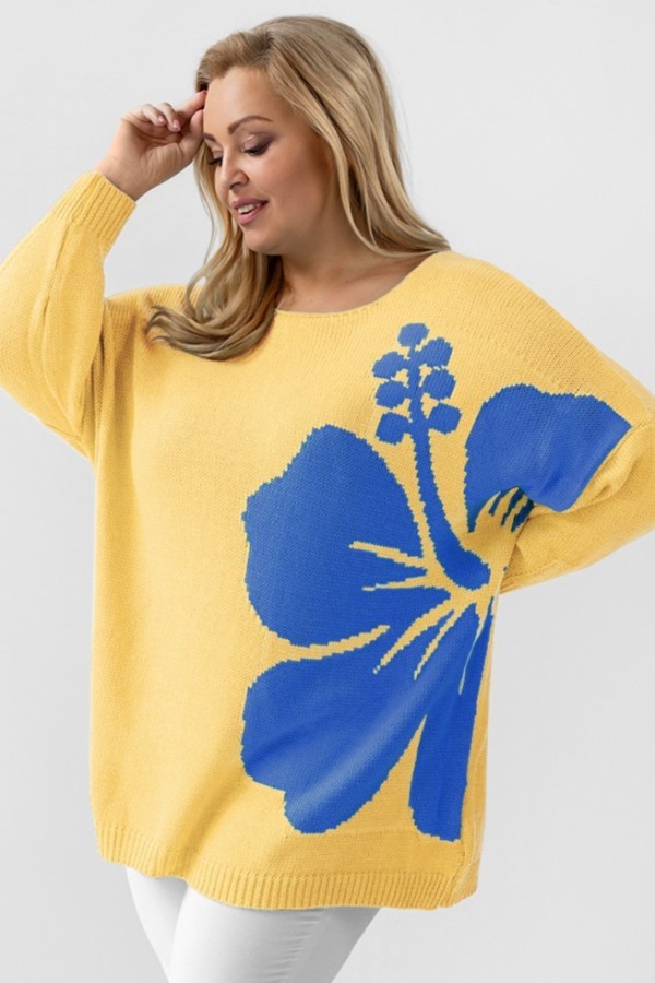 MEGA oversize sweter damski w kolorze bananowym kwiat niebieski VERDA