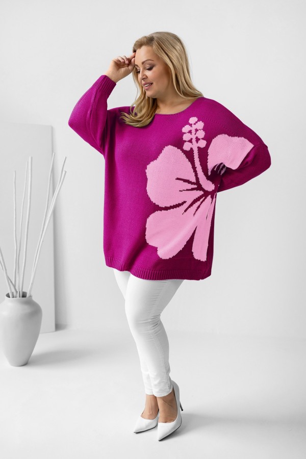 MEGA oversize sweter damski w kolorze amarantowym kwiat różowy VERDA 1