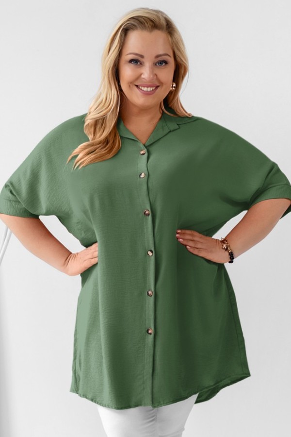 Koszula damska tunika plus size w kolorze khaki krótki rękaw guziki Almira