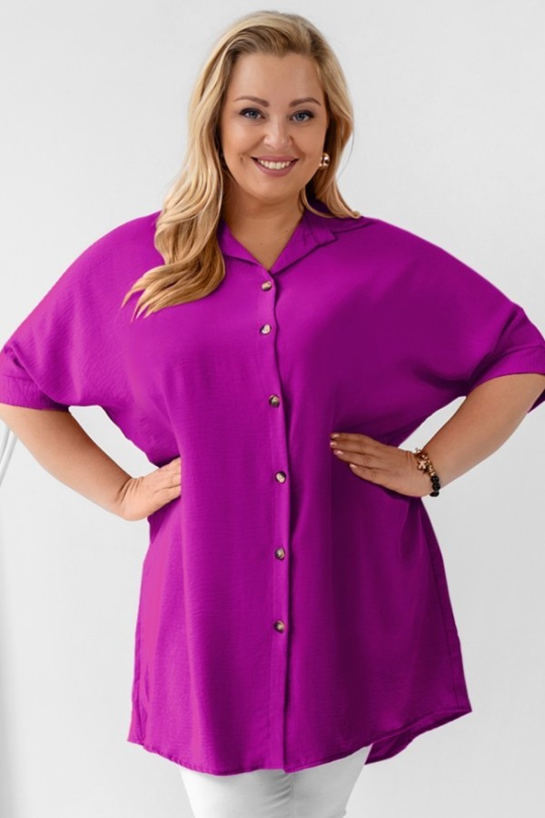 Koszula damska tunika plus size w kolorze magenta krótki rękaw guziki Almira